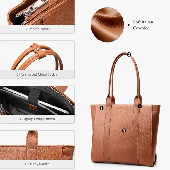 Italian Cowhide - Large Leather Tote, Purse, Work, Laptop Bag $99 Msrp - Picture 2 of 5